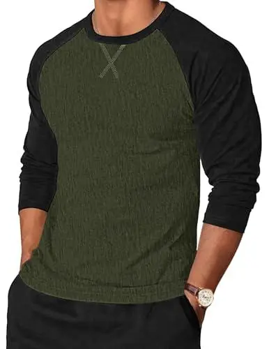 Produktbild: TARAINYA Langarmshirt Herren Baumwolle Rundhals Longsleeve T-Shirt Männer Patchwork mit Ausschnittnäht Armeegrün Schwarz XXL