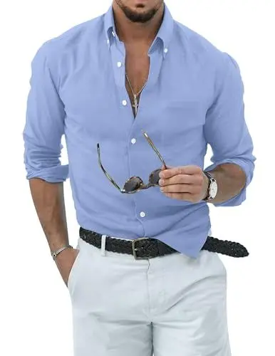 Produktbild: TARAINYA Leinenhemd Herren Langarm Baumwolle Freizeithemd Regular Fit mit Tasche Blau L
