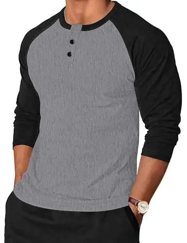 Produktbild: TARAINYA Longsleeve Herren Henley T-Shirt für Männer Langarmshirt Pullover mit Knopfleiste Dunkelgrau Schwarz L