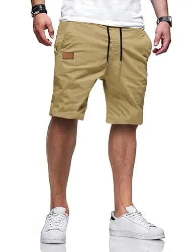 Produktbild: TARAINYA Shorts Herren Kurze Hose Herren Tunnelzug Baumwolle Sommer Chino Casual mit Taschen Hellkhaki L