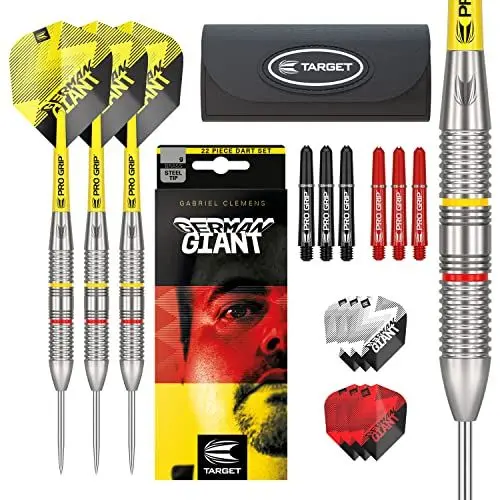 Produktbild: Target Darts Gabriel Clemens 22G Brass Dartpfeile Steeldarts-Set - Mit Zusätzlichem Zubehör-Geschenkpaket, Silber und Gelb