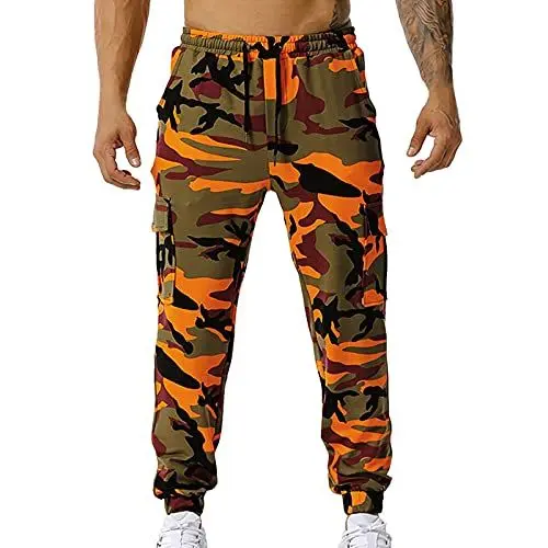 Produktbild: Tarnung lässige Herren-Jogging mit Taschen-Jogginghose elastische Herrenhose um die Taille Kurze Lauf Hose Herren (Orange, M)