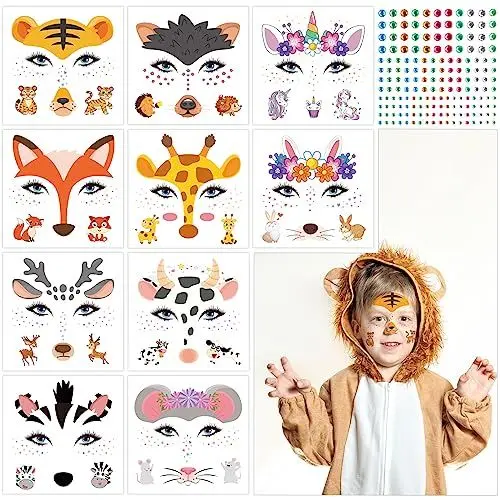 Produktbild: TAROME 11 Blätter Tiere Gesichtstattoo Kinder, Einhorn Glitzer Gesicht Tattoo Tierwelt Cosplay Herbsttiere Temporäre Tattoo mit Bunt Strasssteine für Tierische Mottoparty halloween Herbst