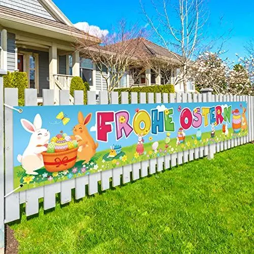 Produktbild: TAROMR Ostern Banner Deko, Frohe Ostern Große Banner Easter Party Hängende Dekoration Hasen Ostereier Hintergrund Partybanner für Osterfeier Drinnen Draußen Garten (50 x 300cm)