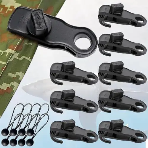 Produktbild: Planenspanner Clips 8 Stück Planenspanner mit Haken und 8 Stück Spanngummis mit Kugel, Haiförmige Planenclips Strapazierfähigen Set für Plane Zeltplane Tarp Camping Wohnmobil Zubehör Banner Spanner