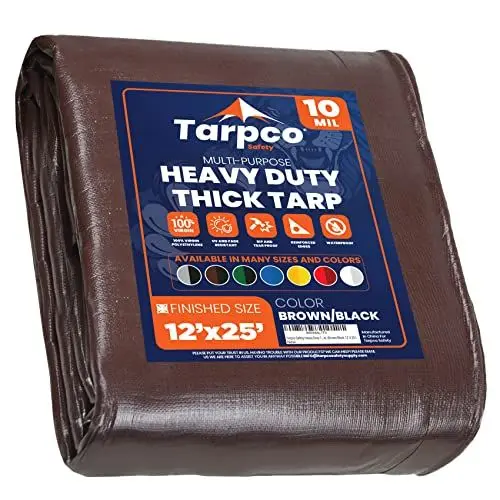 Produktbild: Tarpco Safety Abdeckplane Gewebeplane(190 g/m² |12′ X 25′ | 3.65m X 7.65m | Braun/Schwarz) 10 Mil PE Schutzplane mit Ösen, Mehrzweck Abdeckung für Holz Gartenmöbel, LKW, Pool, Boot