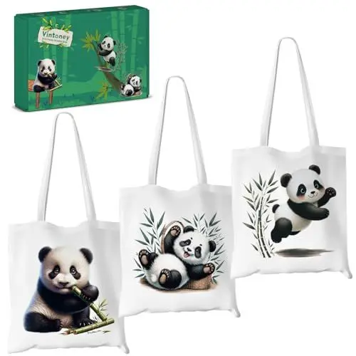 Produktbild: Tasche aus Polyester, 3PCS Panda Stofftasche Jutebeutel Baumwolltasche Stoffbeutel Baumwollbeutel Leinentasche Leinenbeutel Bedruckt Einkaufsbeutel Stoffsackerl Jutetaschen Schultertasche Damen Kinder