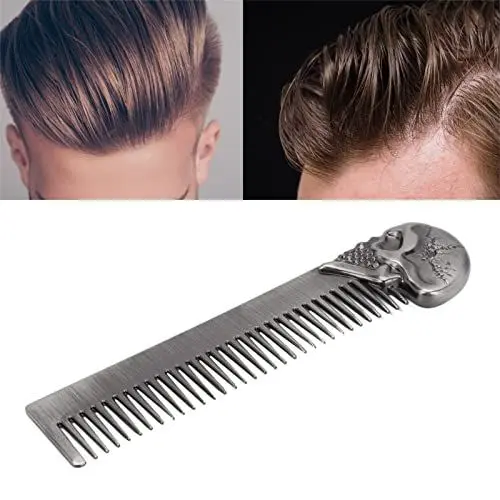 Produktbild: Metall-Kamm Mit Totenkopf-Muster - Öl-Haarkamm, Leichtes Gewicht Verhindert Statische Aufladung - Taschen-Bartkamm, Schnurrbart-Barber-Kamm für Den Täglichen Gebrauch (Silber)