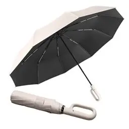 Produktbild: Taschenschirm Sturmfest bis 140 km Windproof,Beschichtung Gegen Feuchtigkeitsschäden,Freien UV Faltender Sonnenschutz Regenschirm mit Schirmtasche/Ergonomischer Griff Automatik,Herren und Damen（Beige）