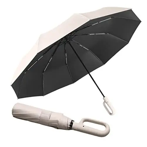 Produktbild: Taschenschirm Sturmfest bis 140 km Windproof,Beschichtung Gegen Feuchtigkeitsschäden,Freien UV Faltender Sonnenschutz Regenschirm mit Schirmtasche/Ergonomischer Griff Automatik,Herren und Damen（Beige）