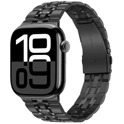 Produktbild: Tasikar Kompatibel mit Apple Watch Armband 49mm 46mm (Series 10) 45mm 44mm 42mm Massives Edelstah Metall Herren Damen Band Kompatibel mit Apple Watch SE Series 10 9 8 7 6 5 4 3, Schwarz