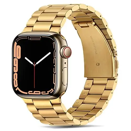 Produktbild: Tasikar Metall-Armband aus Edelstahl kompatibel mit Apple Watch SE 2 SE Serie 9 8 7 6 5 4 3 2 1 (45 mm, 44 mm, 42 mm Premium), Gold
