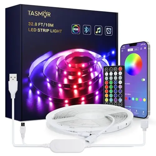 Produktbild: TASMOR USB LED Streifen 10M, Dimmbar 5050 RGB Strip Steuerbar via App, Fernbedienung, Timermodus, 16 Millionen Farben Band, 5V Lights Sync Mit Musik Leiste für Party