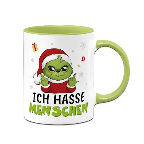 Produktbild: Tasse Baby Grinch - Ich hasse Menschen - Weihnachtstasse lustig, Kaffeetasse mit Spruch - Geschenk für Anti Weihnachtsmuffel an Weihnachten, Kollegin (Grün)