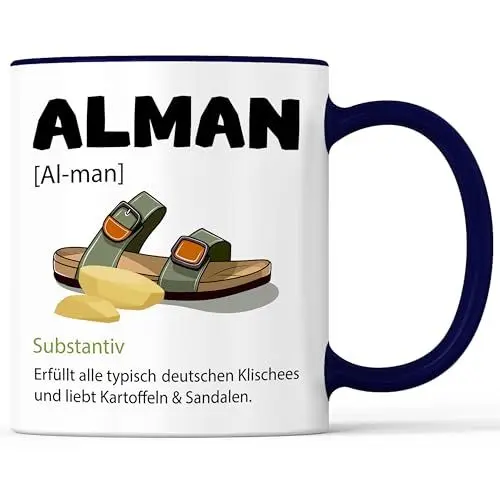Produktbild: Tasse mit Spruch Alman Deutsch Deutscher Becher Sandalen Tourist Deutsche Sandale - lustiges Geschenk - Kaffeebecher als Geschenkidee - Kaffeetasse 330ml - Weiss-Blau