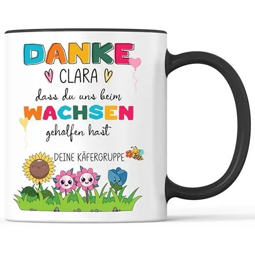 Produktbild: Tasse mit Spruch Danke Erzieherin Erzieher Becher mit Namen Personalisiert - lustiges Geschenk - Kaffeebecher als Geschenkidee - Kaffeetasse 330ml - Weiss-Schwarz