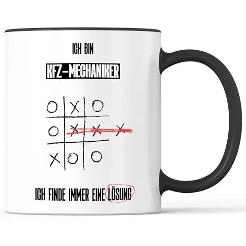Produktbild: Tasse mit Spruch KFZ-Mechaniker intelligent kreativ Lösung Becher Käsekästchen Tic Tac Toe X O - lustiges Geschenk - Kaffeebecher als Geschenkidee - Kaffeetasse 330ml - Weiss-Schwarz