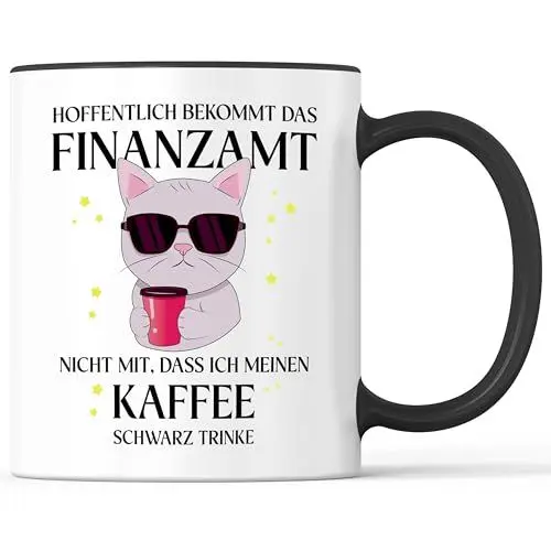 Produktbild: Tasse mit Spruch Kaffee schwarz Finanzamt Steuern Becher schwarzer Kaffee Steuer - lustiges Geschenk - Kaffeebecher als Geschenkidee - Kaffeetasse 330ml - Weiss-Schwarz
