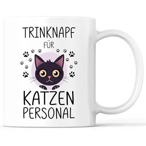 Produktbild: Tasse mit Spruch Katzenpersonal Trinknapf Katze Becher Katzenmama Katzenfrau Katzenpapa Katzen - lustiges Geschenk - Kaffeebecher als Geschenkidee - Kaffeetasse 330ml - Weiss