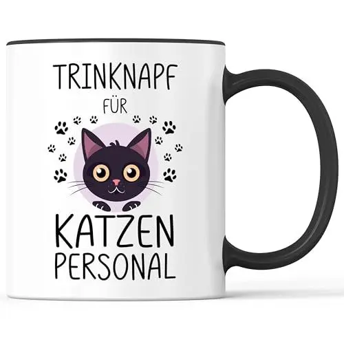 Produktbild: Tasse mit Spruch Katzenpersonal Trinknapf Katze Becher Katzenmama Katzenfrau Katzenpapa Katzen - lustiges Geschenk - Kaffeebecher als Geschenkidee - Kaffeetasse 330ml - Weiss-Schwarz