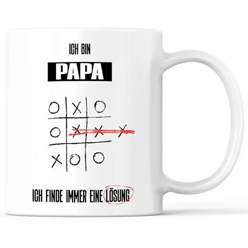 Produktbild: Tasse mit Spruch Papa intelligent kreativ Lösung Becher Käsekästchen Tic Tac Toe X O - lustiges Geschenk - Kaffeebecher als Geschenkidee - Kaffeetasse 330ml - Weiss