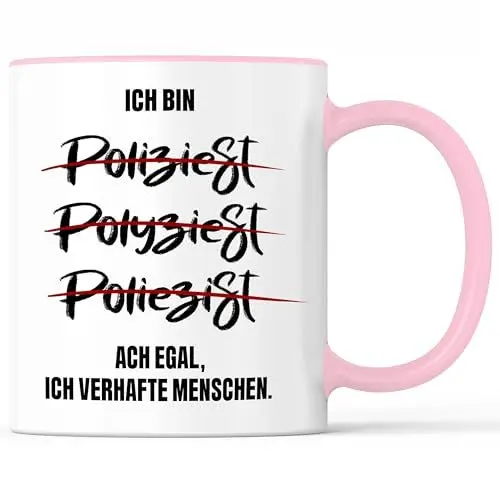 Produktbild: Tasse mit Spruch Polizist Polizistin Becher Streife Fahren Streifenpolizist - lustiges Geschenk - Kaffeebecher als Geschenkidee - Kaffeetasse 330ml - Weiss-Rosa