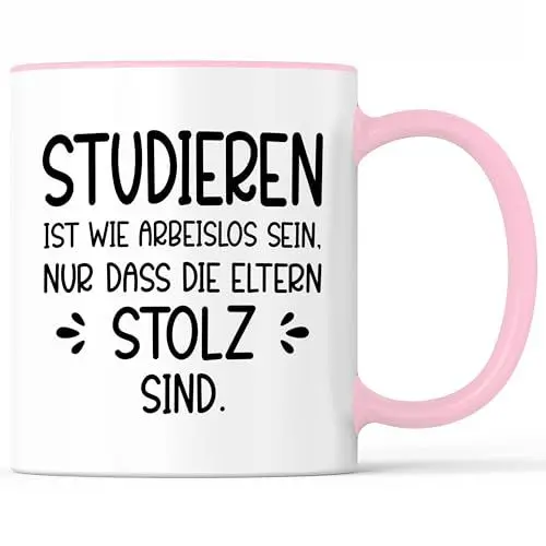 Produktbild: Tasse mit Spruch Studieren Studentin Becher Stolzer Student Eltern stolz - lustiges Geschenk - Kaffeebecher als Geschenkidee - Kaffeetasse 330ml - Weiss-Rosa