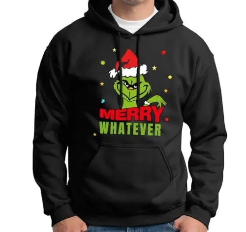 Produktbild: Tassenbrennerei Grinch Hoodie - Pullover - Merry Whatever - Weihnachtspullover lustig mit Spruch - Anti Weihnachten (DE/NL/SE/PL, Alphanumerisch, L, Regular, Regular, Schwarz)