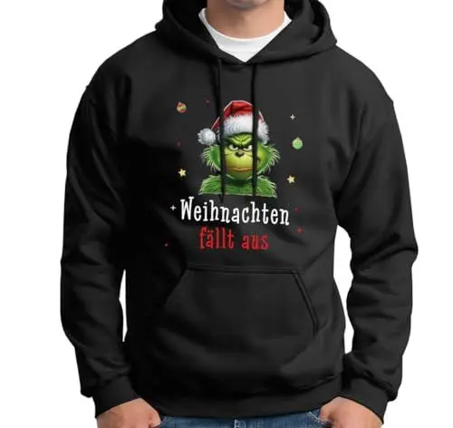 Produktbild: Tassenbrennerei Grinch Pullover - Weihnachten fällt aus - Hoodie, Weihnachtspullover mit Spruch lustig - Anti Weihnachten Geschenk (DE/NL/SE/PL, Alphanumerisch, S, Regular, Regular, Schwarz)