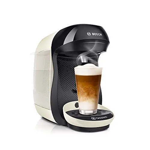 Produktbild: Bosch Tassimo Happy Kapselmaschine TAS1007 Kaffeemaschine by, 70 Getränke, vollautomatisch, geeignet für alle Tassen, platzsparend, 1400 Watt, creme/grau