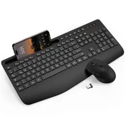 Produktbild: Tastatur Maus Set Kabellos, Ergonomische Tastatur in Voller Größe mit Handgelenkauflage, Telefonhalter, Schlafmodus, Leise 2,4 GHz kabellose Tastatur und Maus für Mac, Windows, Computer, Laptop, PC