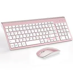 Produktbild: Tastatur Maus Set Ultra Slim, TopMate 2,4G Stille Compact USB 2400DPI Maus und Schissschalter Tastatur mit Abdeckung, mit 2 AA & 2 AAA Batterien für PC/Laptop/Windows/Mac-Rose Gold Weiß