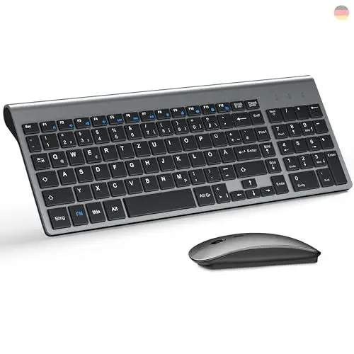 Produktbild: Tastatur Maus Set Ultra Slim, TopMate 2,4G Stille Compact USB 2400DPI Maus und Schissschalter Tastatur mit Abdeckung, mit 2 AA und 2 AAA Batterien für PC/Laptop/Windows/Mac - Grauschwarz