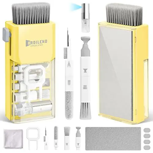 Produktbild: Ordilend Tastatur Reinigungsset, Alles in 1 Screen Cleaner Kit for iPhone Pro Handy, Tastaturreiniger mit Bürste Laptop Keyboard Cleaner for Tablet, Computer, PC Monitor,Kamera mit Patent Helles Gelb