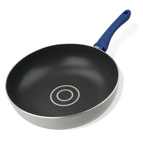 Produktbild: Tasty Antihaft-Wokpfanne mit Öldosiersystem 28x8cm – Gepresstes Aluminium, Soft-Touch-Griff, Induktionsgeeignet, Grau/Blau