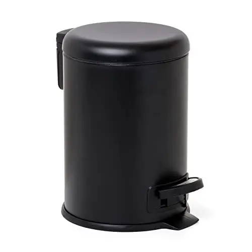 Produktbild: TATAY Kosmetikeimer mit Edelstahlpedal, 3L Kapazität, herausnehmbarer Innenraum, Soft-Lock-Verschluss, BPA-frei, schwarze Farbe. Maße: 17,5 x 22,5 x 25 cm.