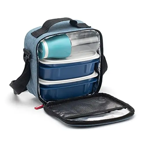 Produktbild: TATAY Kühltasche Klein, 3L Kapazität, mit 2 luftdichten Frischhaltedose (2x 0,5L) und eine wiederverwendbare luftdichte 400-ml-Trinkflasche, Denim Blue. Maße: 22.5 x 10 x 22 cm