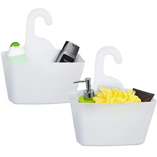 Produktbild: Tatkraft POSH Praktisch 2er-Set Duschkorb Weiß mit Haken zum Einhängen mit Ablaufloch, dusch haengekorb Duschgel Behälter, Stabiles Badkorb Zum Haengen, Robustem Kunststoff, 28x12x31 cm