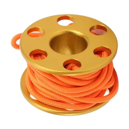 Produktbild: Tauch Fingerrolle, Aluminiumlegierung, Mini Fingerspule, Tauchrollen Anhänger mit Im Dunkeln Leuchtender Nylon Führungslinie für Unterwasser Höhlentauchen und Schnorcheln (Gold)