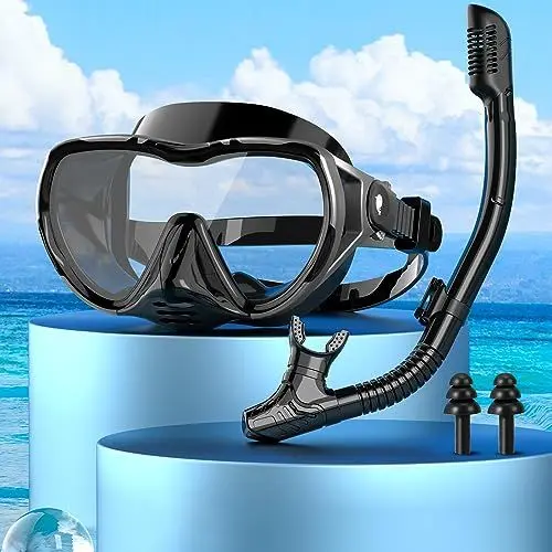 Produktbild: Taucherbrille Erwachsene Taucherbrille Schnorchelmaske 180°Panorama Weitsicht Tauchermaske Auslaufsicher Anti-Leck Schwimmbrille zum Tauchen (Silber-Schwarz-mit Schnorche)