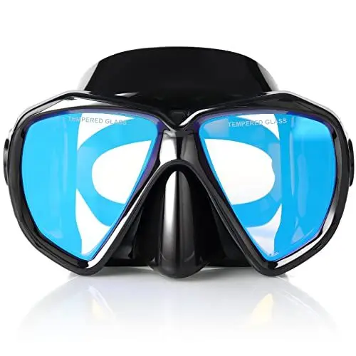 Produktbild: Taucherbrille für Erwachsene mit Anti-Nebel Schnorchelmaske, Schwimmmaske gehärtetem Glas und Nasenabdeckung zum Schnorcheln und Schwimmen (Schwarz (Blaue Linse))