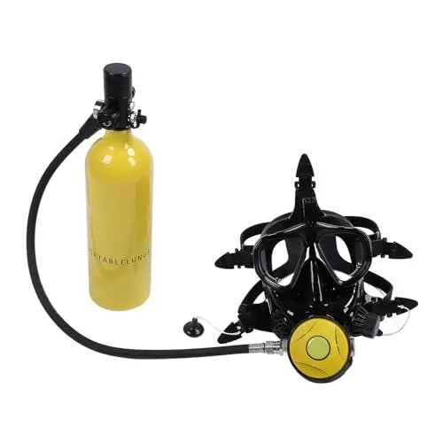 Produktbild: Tauchflasche, Tragbarer Tauchzylinder, Drehbarer Atemschlauch, 180° Weitsicht, Leicht, 1 L, mit Vollgesichts-Taucherbrille für Unterwassererkundung (Yellow)