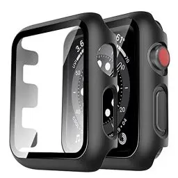 Produktbild: TAURI 2 Stück Hülle Mit Tempered Glass Displayschutz Designed für Apple Watch 42mm Series 3 2 1 360° Rundum Schutzhülle Ultradünne PC Hardcase Kompatibel Mit iWatch 42mm - Schwarz