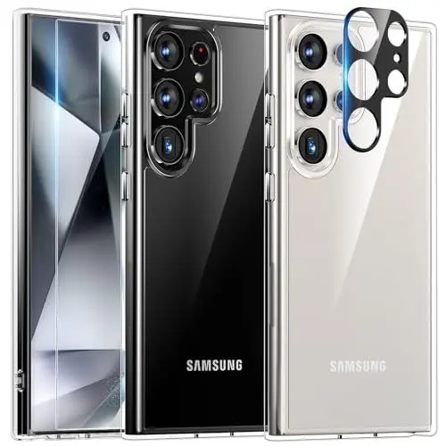 Produktbild: TAURI 5 in 1 für Samsung Galaxy S24 Ultra Hülle, Handyhülle für Samsung Galaxy S24 Ultra Case, mit 2 Stück Schutzfolie + 2 Stück Kameraschutz -Transparent