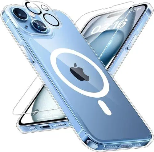 Produktbild: TAURI 5 in 1 für iPhone 15 Hülle (Kompatibel mit MagSafe), 2 Schutzfolie + 2 Kameraschutz, Handyhülle iPhone 15 Case 6,1 Zoll -Transparent