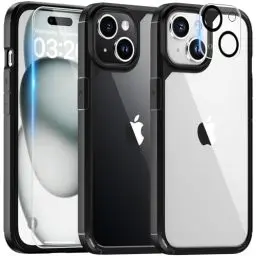 Produktbild: TAURI 5 in 1 für iPhone 15 Hülle mit Schutzfolie, mit 1 Handyhülle + 2 Stück Schutzfolie + 2 Stück Kameraschutz, Anti-Gelb Stoßfest Case 360 Grad Schutzhülle - Schwarz
