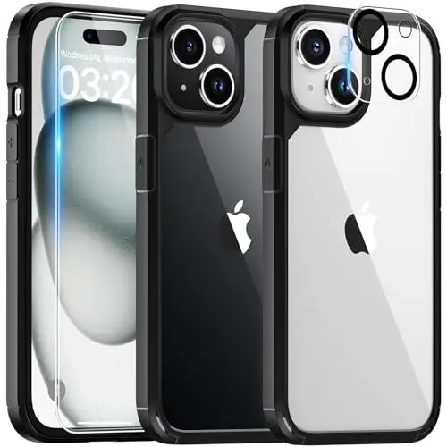 Produktbild: TAURI 5 in 1 für iPhone 15 Hülle mit Schutzfolie, mit 1 Handyhülle + 2 Stück Schutzfolie + 2 Stück Kameraschutz, Anti-Gelb Stoßfest Case 360 Grad Schutzhülle - Schwarz