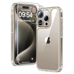 Produktbild: TAURI 3 in 1 für iPhone 15 Pro Hülle, 1 Handyhülle+2 Schutzfolie, (Nie Vergilbung) Handyhülle für iPhone 15 Pro Case Schlanke Stoßfeste Anti-Kratzt - Transparent