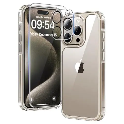Produktbild: TAURI 3 in 1 für iPhone 15 Pro Hülle, 1 Handyhülle+2 Schutzfolie, (Nie Vergilbung) Handyhülle für iPhone 15 Pro Case Schlanke Stoßfeste Anti-Kratzt - Transparent