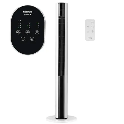 Produktbild: Taurus Turmventilator | Babel Infinite | 50W | 110 cm | 3 Geschwindigkeiten | 3 Modi | Timer | Oszillierend | Fernbedienung | Runder Standfuß | Touch-Schalter | Kabel 116 cm | Weiß